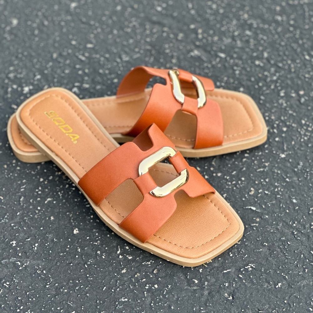 Cognac gold hardware squared toe sandal